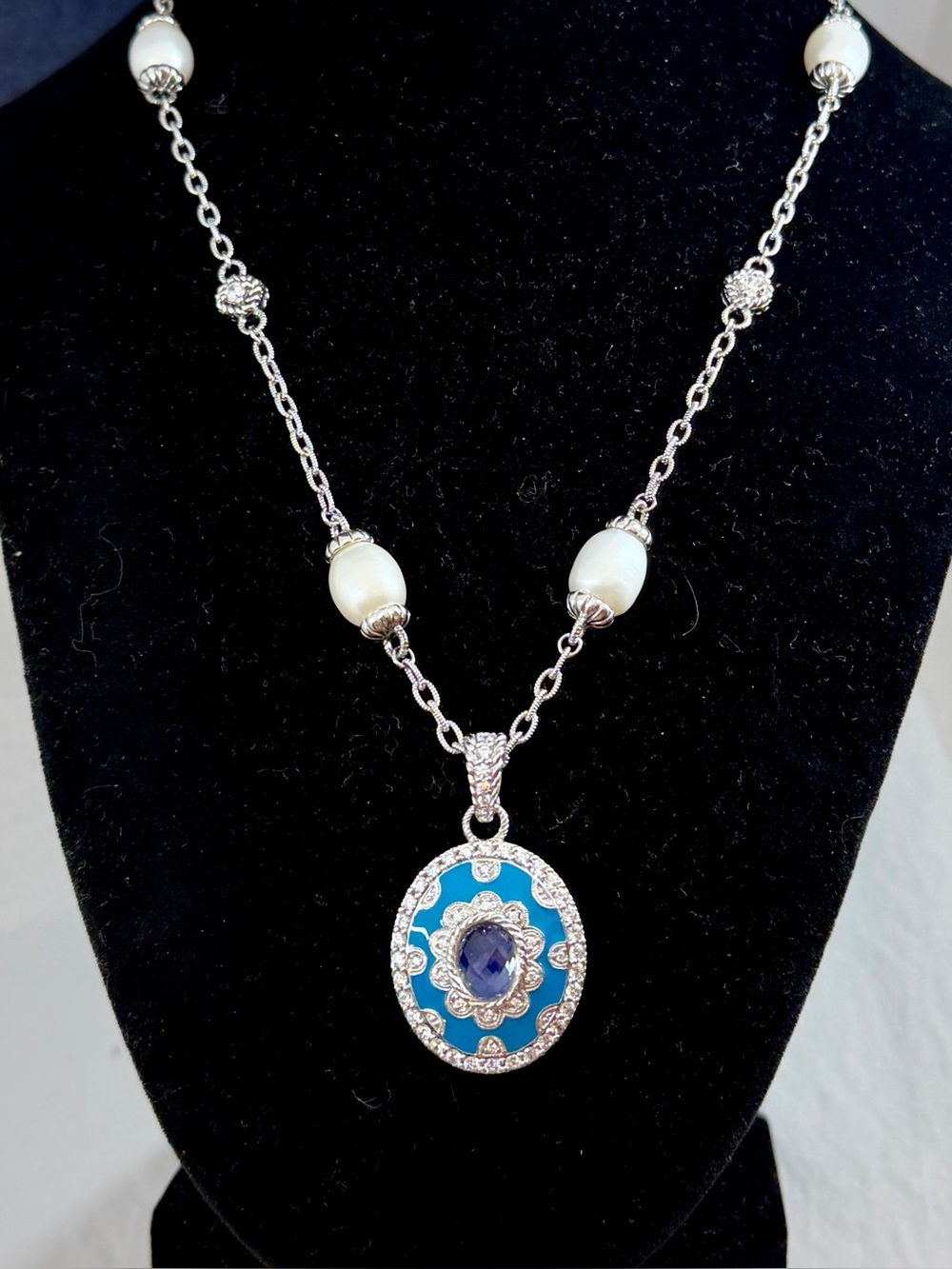 JUDITH RIPKA Sterling Pearl Station Cable Necklace Blue Enamel Quartz Pendant